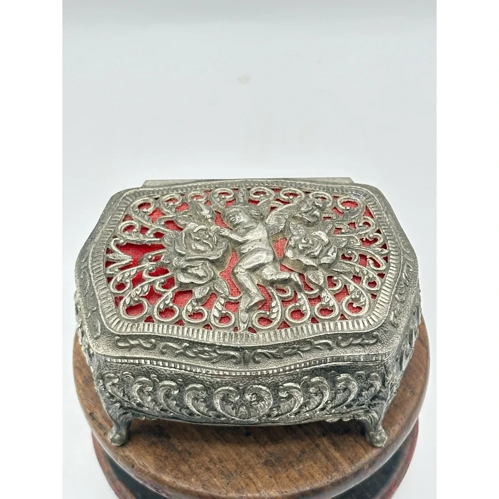 Vintage Filagree Footed Jewelry Box Casket Ornate Angel Red Velvet Lining Japan